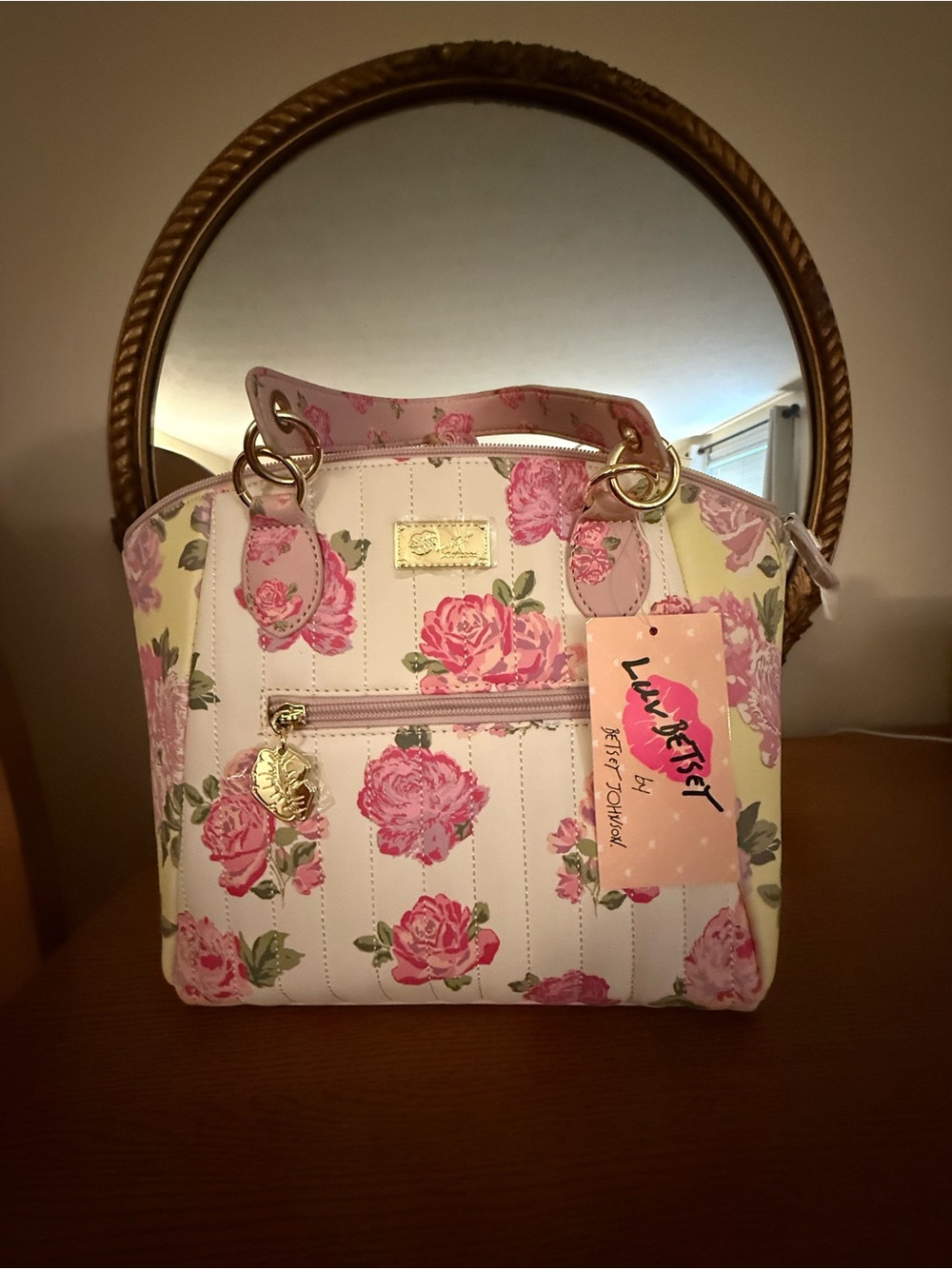 Betsey Johnson Pink Floral Cream Tote with Gold Hardware